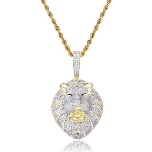 Hip Hop bling iced out Lion Bicolor pendant necklaces pave setting AAA Zircon animal necklace fashion For Men jewelry