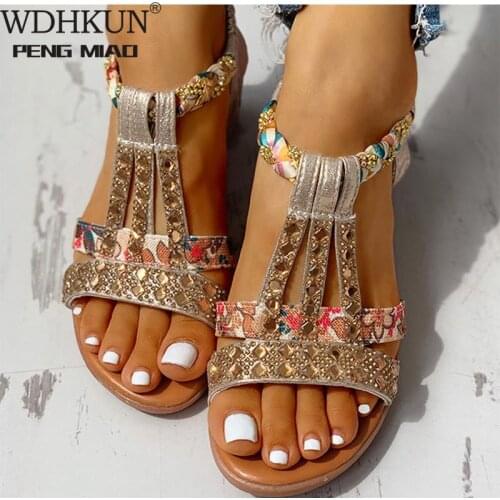 Womens Sandals Summer Bohemia Platform Wedges Shoes Crystal Gladiator Rome Woman Beach Shoes Casual Elastic Band Female