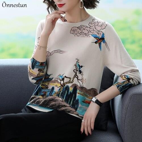 Print Sweater Women Autumn Spring Women Clothing Long Sleeve Pullover Top Female Plus Size Chinese Style Womens Sweaters