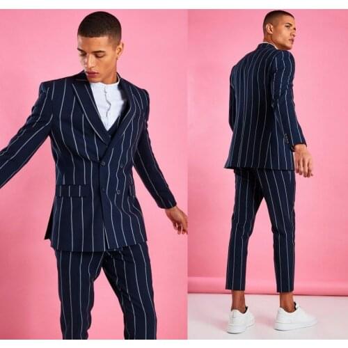 Navy Stripe Wedding Tuxedos Summer Beach Double Breasted Groom Wear Formal Dinner Prom Party Blazer Suits(Jacket+Vest+Pants)