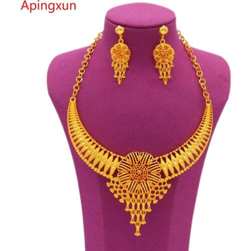 PINXUN Top Quality Dubai 24K Gold Color Jewelry Sets For Women Bridal Luxury Necklace Earring Set African Indian Wedding Gifts