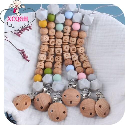 XCQGH Customized Baby Name Wooden Beech Letter Infant Dummy Feeding Teether Nipple Holder Chain