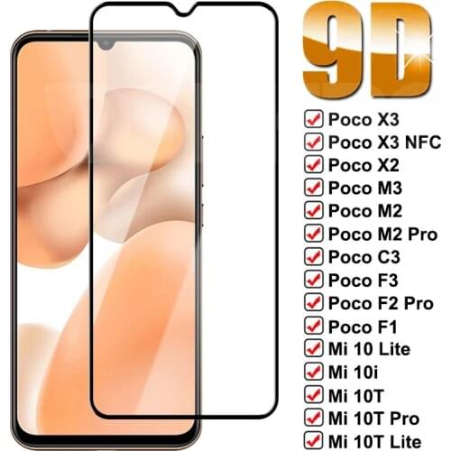9D Tempered Glass For Xiaomi Poco X3 NFC X2 M3 M2 C3 F3 F1 F2 Pro Screen Protector Mi 9 10 10T Pro Lite 10i Mix 2 2S 3 Film Case