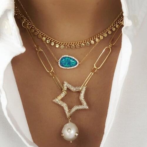 Women Punk Chunky Chain Short Necklace Five-pointed Star Shape Carabiner Connectors Pendant Jewelry Baroque Pearl цепи 2021