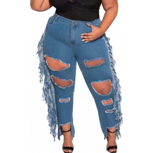 5XL Plus Size Denim Pants Women Solid Color Pockets Trousers Fashion New Ripped Hole Hollow Tassel Streetwear Large Size Jeans
