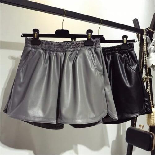 Shorts women high waist elastic 2021 korean style Elegant genuine leather shorts Bottoms Wide-legged Shorts Autumn Winter Women