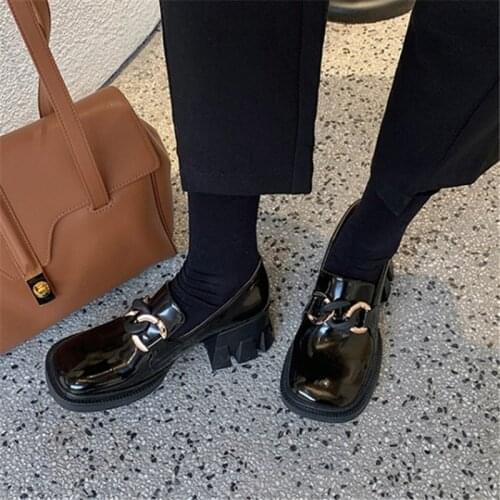 PXELENA Vintage Leather Shoes Women 2021 Spring Metal Decor Chunky Block High Heels Loafers Slip On OL Punk Rock Gothic Pumps 39