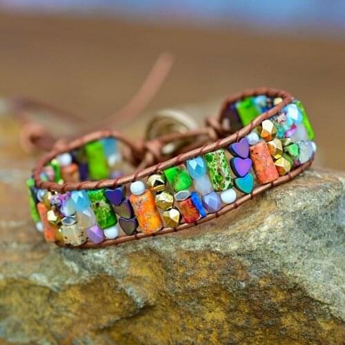 Women Boho Bracelet Love Shape Hematite Bracelet Emperor Stone Natural Stone Single Leather Wrap Bracelet Dropshipping