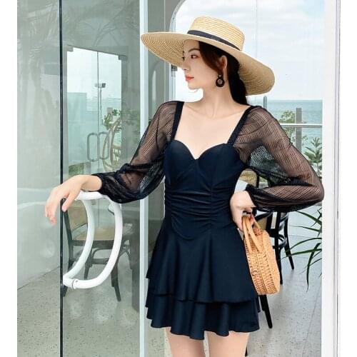 2021 Swimwear Women Plus Size Vogue Girls Swimsuit One-Piece Sexy Beach Korean Swim Wear Dress Sweet Onepiece Bikini Long Sleeve