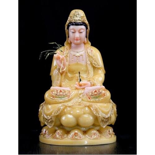 30CM LARGE- HIGH GRADE YELLOW JADE GILDING GUANYIN BUDDHA HOME TEMPLE EFFICACIOUS TALISMAN MASCOT CARVING SCULPTURE STATUE