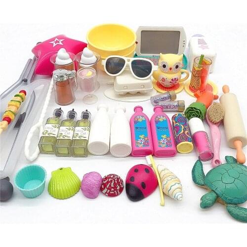 5pcs Mix Doll Furniture Play Toy Biscuits cakes shells Bag Hanger Accessories For 18 Inch dolls New Born Toys Play House