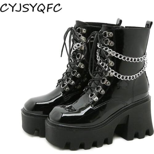 CYJSYQFC Patent Leather Gothic Black Boots Women Sexy Chain Chunky Heels Platform Boots Punk Style Lace Up Side Zip Ankle Boots