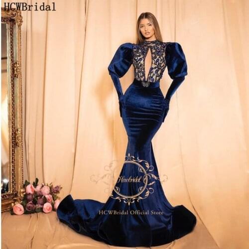 Long Train Mermaid Navy Blue Evening Dress Half Sleeve High Neck Velvet Arabic Women Formal Dresses Plus Size Wedding Party Gown