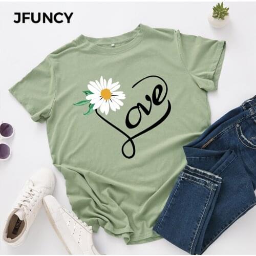 JFUNCY New Love Printed Women T-shirts Female Short Sleeve Basic Tops Summer Cotton T Shirt Plus Size Woman Casual Tee Shirts