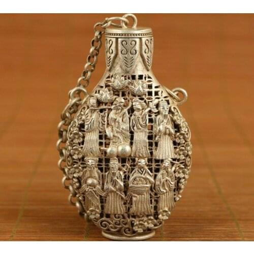 Chinese old tibet silver hollow carved 8 immortals snuff bottle netsuke Box