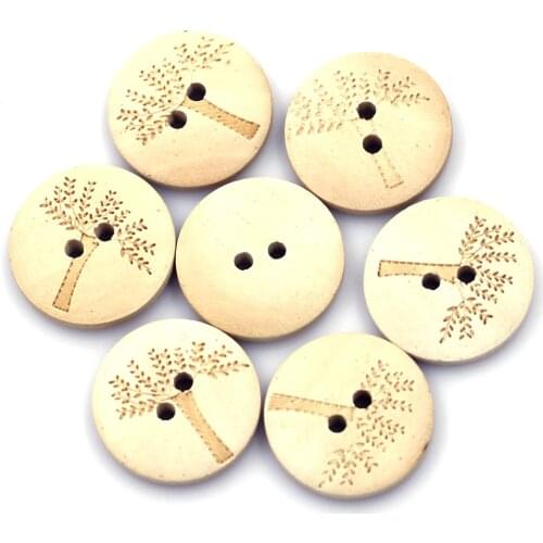 50PCS 20mm Round Wood Sewing Buttons Tree Pattern 2 Holes Scrapbook Crafts Ornaments Clothing Gift Card Decoration Accessories