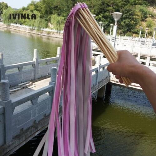 Hot Selling 50pcs/lot pink purple and sliver stain ribbon wedding wands With Bells for wedding decoration