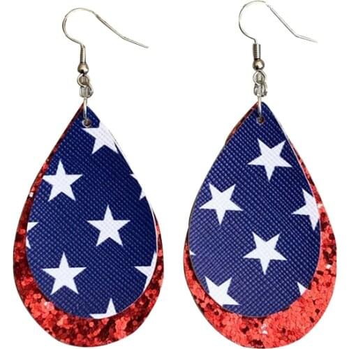 Layered Glitter July 4th Flag Printed Teardrop Leather Earrings Doubles American Independ Day Lightweight Leaf Earrings New