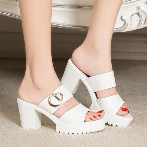 Thick Heel Fashion Women Slippers Summer New Style Patent Leather Waterproof Ladies Casual Slippers Women High Heels Slippers
