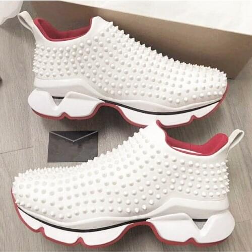 Brand Mens Boys Rivets Studs Genuine Leather Mid Heel Sport Loafer Slip On Shoes Casual Black White Plus Size New 2021