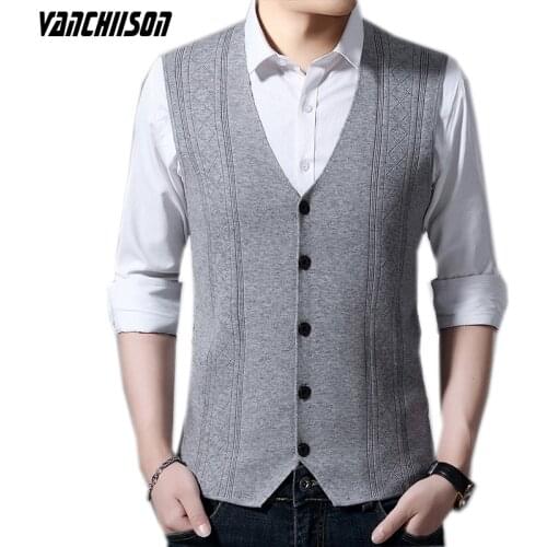 Men Brand Knit Vest Buttons Down Basic Sweater Cardigan Sleeveless 35.1% Wool Business Formal for Autumn Winter Solid A08191048