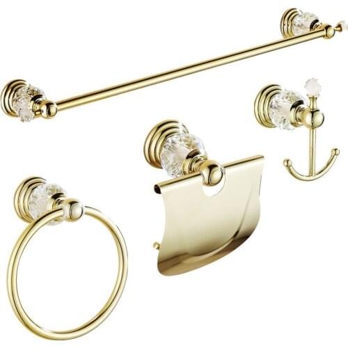 4 Pieces Gold Polished Bathroom Accessories Sets Crystal Wall Mounted Bathroom Hardware Set Towel Rack/ Rings Paper Holder
