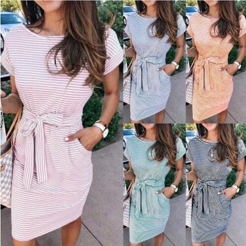 Office Wear Summer Dress Stripes Bandage Sukienka Tight Tie Waist Dress With Pocket Round Neck Knot Dress Casual Women Elegant