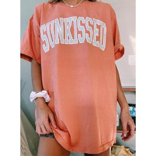 Orange Vintage Streetwear Letter Print O Neck Woman Tshirts Short Sleeve Loose Casual Girls 2021 Summer Plus Size England Tshirt