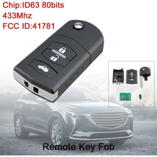 433MHz 3 Buttons Black Flip Car Remote Key Keyless Entry with ID63 80Bit Chip 41781 Fit for Mazda 3 5 6 / BK Series 2 2006-2009
