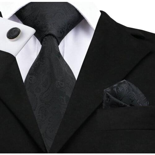 SN-823 Black Novelty Tie Hanky Cufflinks Sets Mens 100% Silk Ties for men Formal Wedding Party Groom