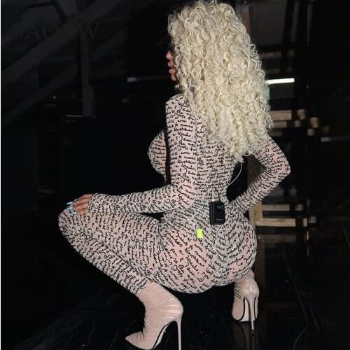 Sexy Sheer Mesh Two Piece Set Bodysuit + Pants Matching Sets Autumn Letter Print Outfits for Women Club Bodycon Two Piece Set