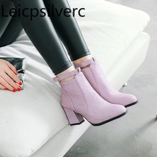 Pumps Spring and autumn The New fashion belt buckle Sequin Round head zipper Thick heel High heel Womens shoes plus size 32-43