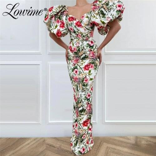 Puffy Sleeves Dubai Formal Evening Dresses 2020 Floral Print Mermaid Party Dress Couture Backless Prom Dresses Vestidos De Festa