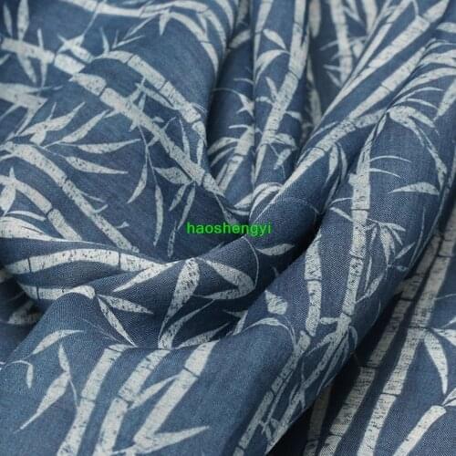 High quality original blue dyed style bamboo plant printing pure ramie garment fabric