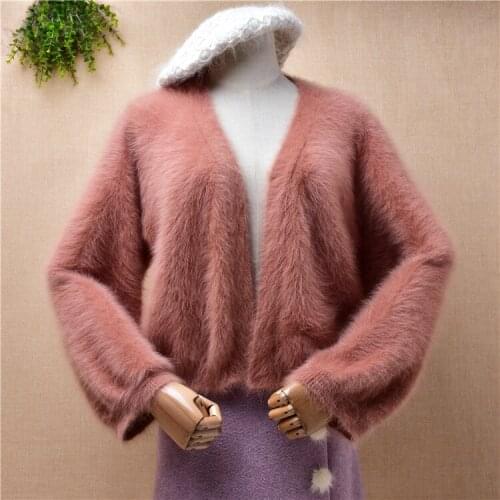 Female women winter clothing hairy plush mink cashemre knitted long sleeves short cardigan mantle angora fur jacket coat sweater