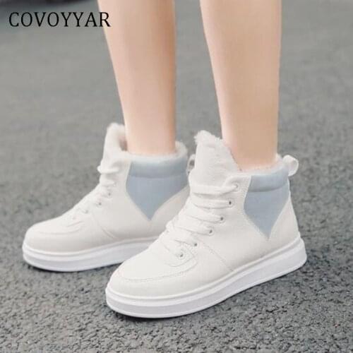 COVOYYAR 2019 White Women Sneakers Autumn Winter Warm Fur Causal Shoes Flat Plush Shoes Woman Lace Up Canvas Shoes WSN329