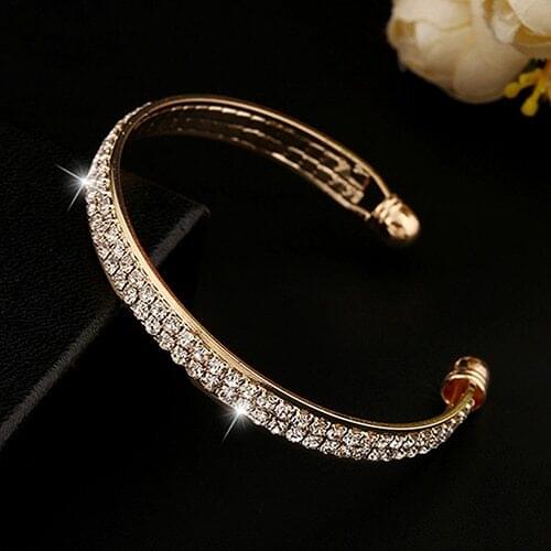 Ladys 2 Rows Crystal Rhinestone Bangle Wristband Cuff Open Bracelet Jewelry