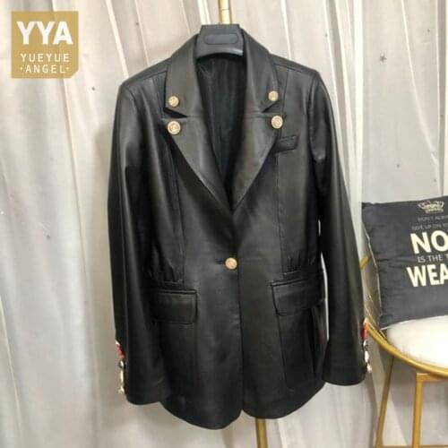 Women Genuine Leather Suit Jacket Single Button Slim Fit Spring Autumn Black Real Sheepskin Coat Office Ladies Fashion Outerwear