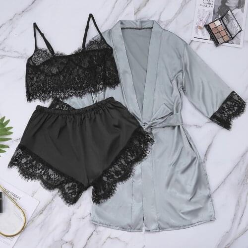 Women Silk Robe Gown Set Sexy Sleepwear Lingerie Dressing Summer Pajamas Lace Bathrobe Lounge Sleep Set Home Pijamas #T1G
