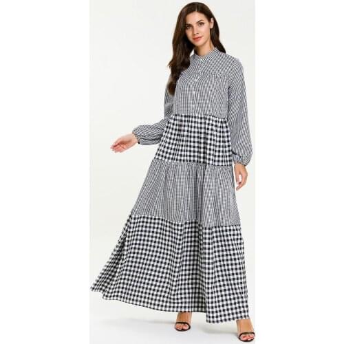 2020 Autumn Women Long Dress long sleeve Ankle-Length Plaid Dress O-Neck Clothing Robe Kaftan Moroccan
