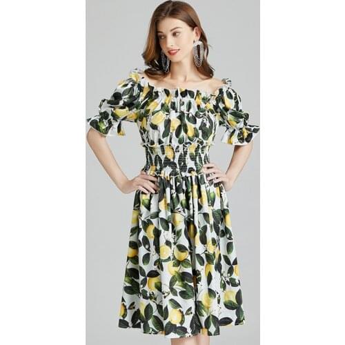 Summer Bohemian Lemon Printed Flower Midi Dress Womens Off Shoulder Puff Sleeve Elastic Waist Runway vintage Dress k393