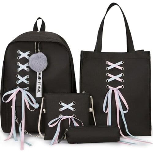 4Pcs/Set Ribbon Chain Bowknot Letter Canvas Backpack Travel Rucksacks Daypack For Teenage Girls School Bagpack