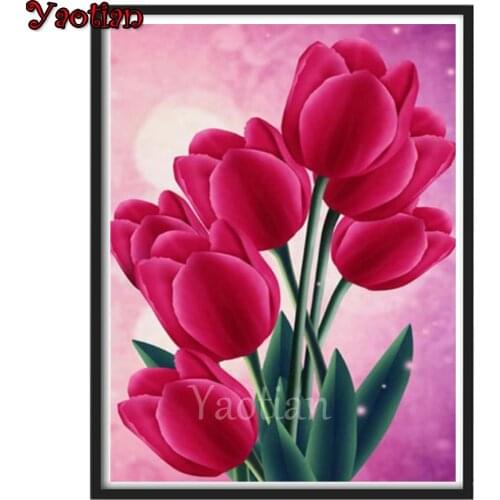 5D Round Diamond Painting Red tulip flower DIY cross stitch full drill diamond painting Embroidery Mosaic Diamonds Home Decor