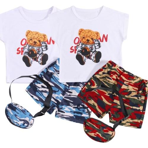 Summer Boys Clothes Set Bear Print Sleeveless O-Neck Vest+Camouflage Shorts+Messenger Bag 6 Months-5 Years Blue Red Casual Wear