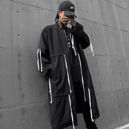 Autumn winter men vintage punk hip hop long trench coat drawstring gothic cloak man casual oversize zipper jacket drop shipping