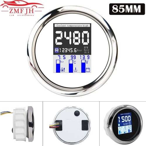 New Marine Boat 85mm 4 in 1 Multi-functional Gauge Meter Digital Tachometer Water Temp Oil Pressure 0~10Bar With Alarm 9-32V