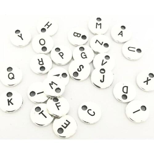 High Quality 5 Pieces/Lot 10mm Antique Silver Color Double-Sided Alphabet Initial Bracelet Charm Pendant For Jewelry Making