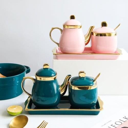 Luxury seasoning pot vinegar pot combination set ceramic household seasoning box oil bottle salt pot three-piece set with tray