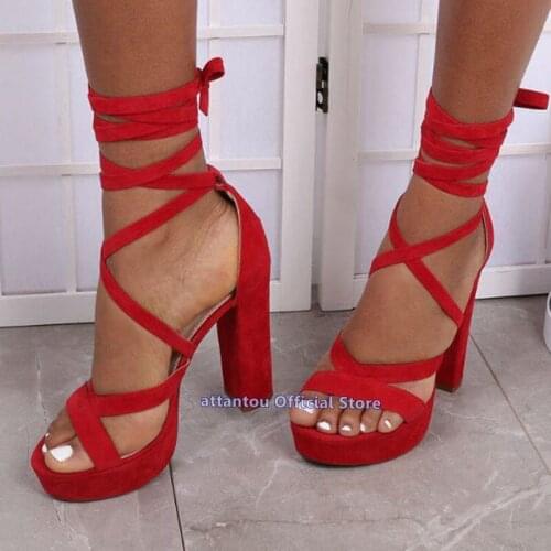 New Spring Summer chunky high heeled red Lace-up block High Heels shoes women cross tied sandals