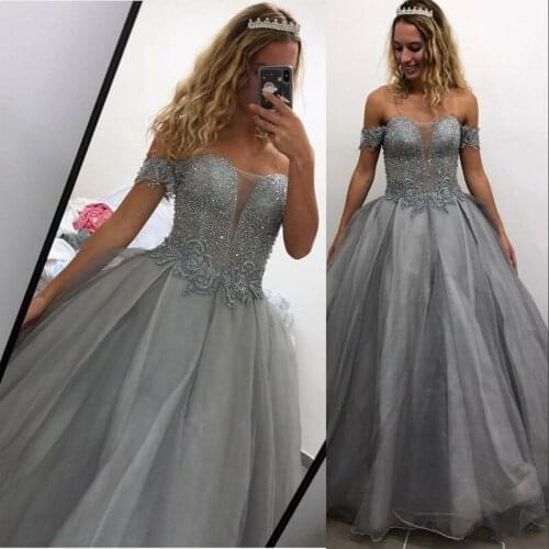 Sexy Off Shoulder Gray Quinceanera Dresses Ball Gown Illusion Lace Crystal Beading Tulle Sweet 16 Formal Party Dress Prom Evenin